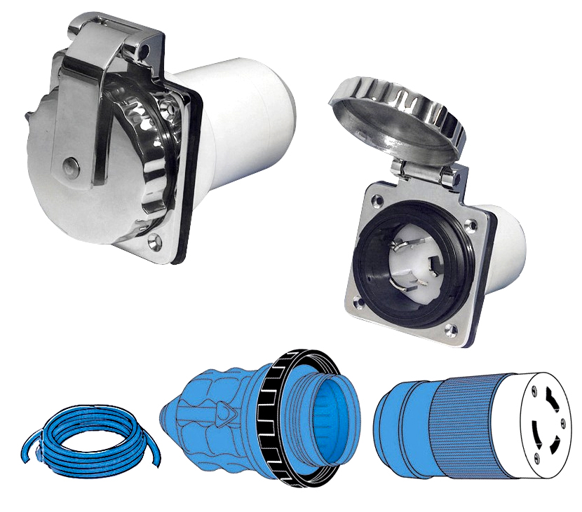 14.325.00 Розетка+вилка панельная влагозащищенные, 110/220V-50А, нержавеющая сталь/поликарбонат (Osc